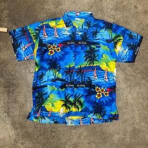 Happy Bay Men's Blue Tropical Sunset Sailboat Aloha Button-Up Shirt